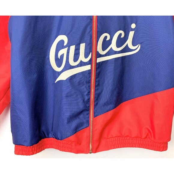 NWT Gucci Men Nylon Jacket Gucci Script Red Lightweight Canvas Nylon Blue - Picture 7 of 16